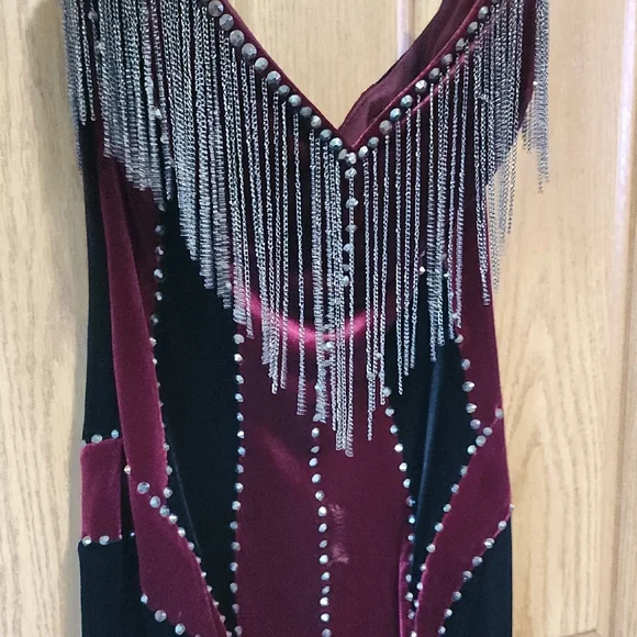 Strapless Johnathan Kayne Black and Burgundy Velvet Mini Dress with Metal Fringe - Picture 4 of 9